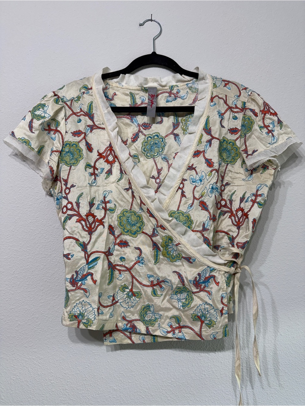 Johnny Was Biya 100% Silk Wrap Top All Over Embroidery Cottage Core Floral Boho